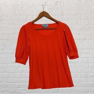 CeCe Puff Sleeve Top Women’s XS Orange Knit Scoop‎ Neck Short Sleeve Blouse
